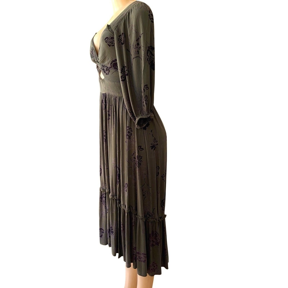 Angie Midi Dress Size M Olive Green Boho/Festival3/4 Sleeve Tiered Gypsy V-Neck - Picture 5 of 11